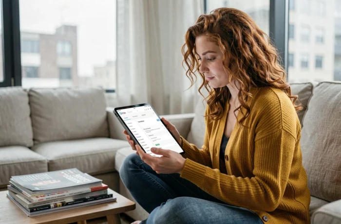Jeune femme explorant le plan du site Daily Live sur une tablette dans son salon confortable
