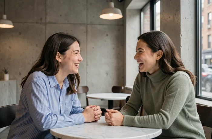 Deux jeunes femmes amies partageant des confidences et des conseils autour d'un café dans un café moderne