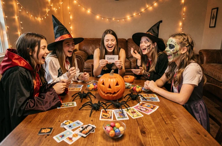 Groupe d'adolescents en costumes d'Halloween jouant à des jeux de soirée autour d'une table décorée de citrouilles et de cartes