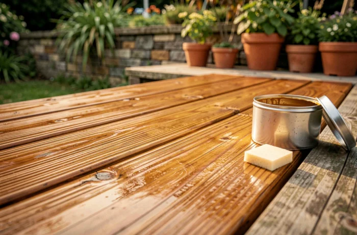 Gros plan sur des lames de terrasse en bois traité avec une lasure polyuréthane Parkside finition satinée