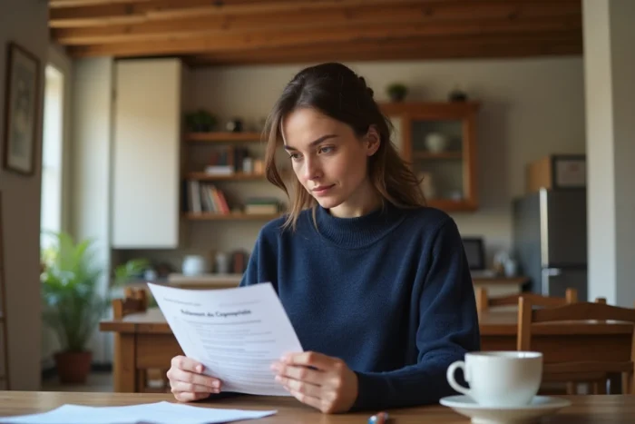 Femme lisant un règlement de copropriété à deux lots à son domicile, illustrant les spécificités juridiques d'une copropriété sans parties communes