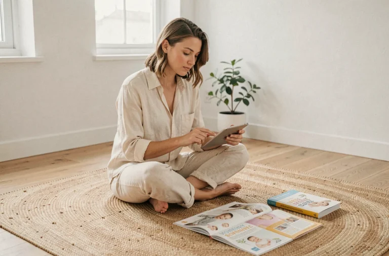 Jeune maman consultant un guide de conseils maternité et bébé sur une tablette, assise sur un plancher en bois dans un salon épuré
