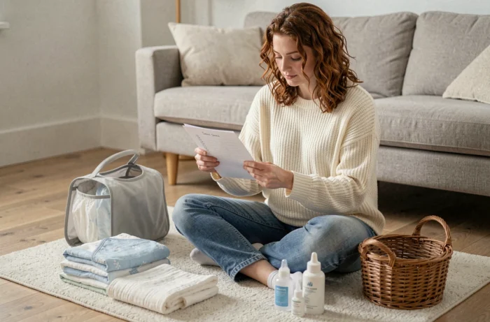 Future maman organisant les essentiels pour bébé avec une liste de préparation, assise sur un tapis dans un salon chaleureux