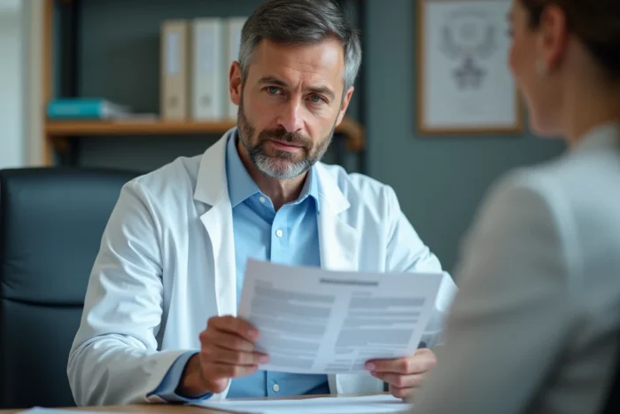 Médecin généraliste expliquant les suites d'une infiltration et la gestion de la douleur post-opératoire à un patient