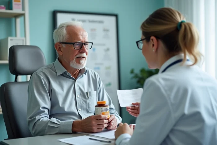 Médecin expliquant les avis et contre-indications de Bion 3 Senior à un patient âgé en consultation