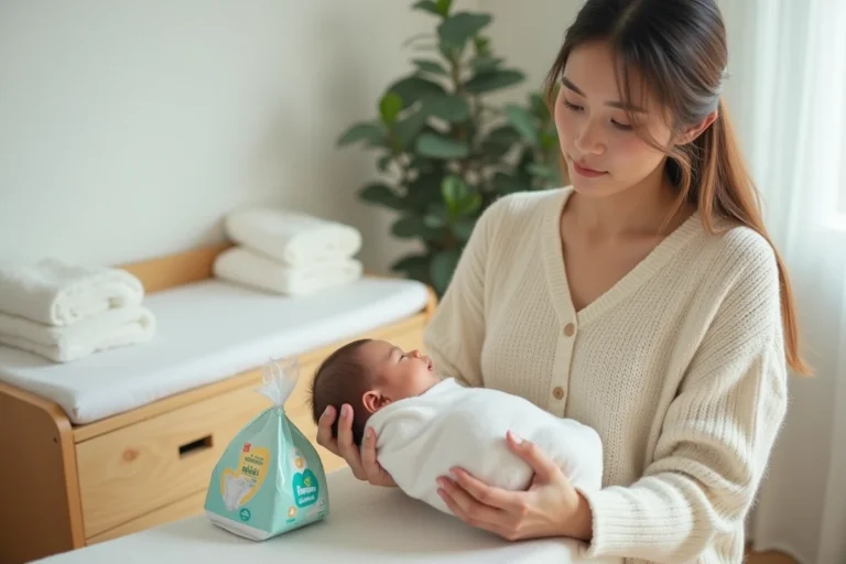 Jeune mère tenant son nouveau-né sur une table à langer tout en comparant des couches Pampers dans une chambre de bébé douce et apaisante
