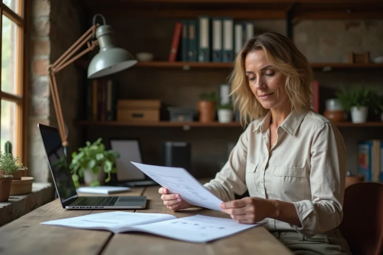 Micro-entrepreneuse agricole consultant ses documents administratifs MSA et URSSAF dans un bureau de ferme