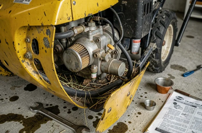 Gros plan sur le moteur thermique d'une tondeuse à gazon en cours d'entretien dans un garage