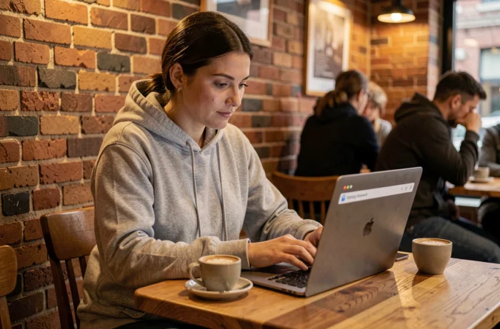 Femme consultant un site web sécurisé sur son ordinateur portable dans un café avec connexion publique