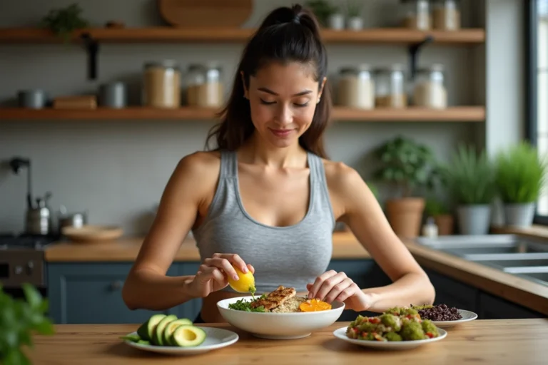 Sportive préparant un repas équilibré riche en protéines et légumes frais pour optimiser ses performances sportives