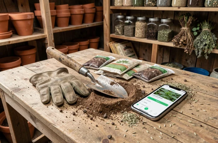 Outils de jardinage, gants usés, semences et smartphone avec application horticole posés sur un établi de remise à outils rustique
