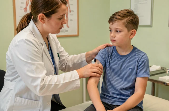 Pédiatre examinant la cicatrice BCG sur le bras d'un enfant en consultation médicale