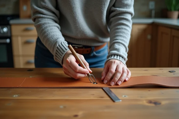 Femme créant un trou dans une ceinture en cuir avec un poinçon sur une table en bois