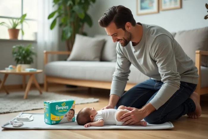 Père changeant la couche Pampers de son nouveau-né sur un tapis d'éveil dans un salon moderne avec une atmosphère familiale chaleureuse
