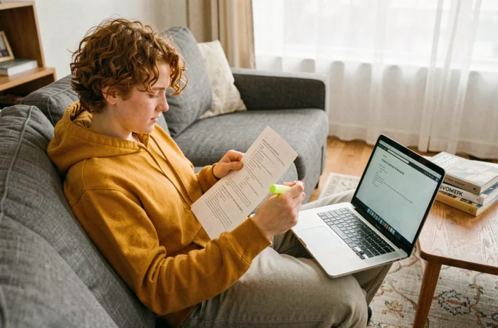 Jeune personne lisant une fiche récapitulative HTML sur un canapé avec un laptop ouvert affichant une page web