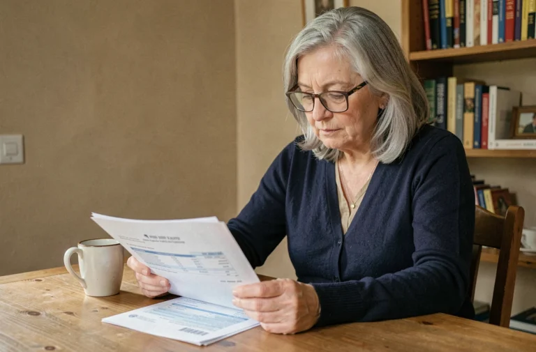 Femme âgée avec des lunettes consultant des documents fiscaux et des formulaires d'exonération à domicile