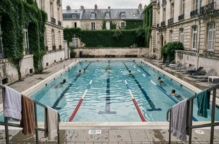 Piscine de la Butte aux Cailles déserte en semaine le matin, avec quelques nageurs dans les couloirs et des chaises longues vides sur le bord du bassin