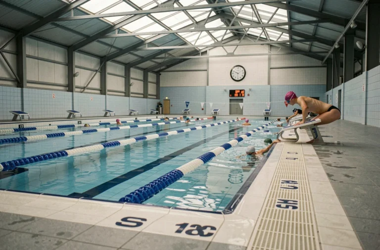 Vue grand angle de la piscine Jules Verne de Nantes avec couloirs de nage et horloge murale affichant les horaires