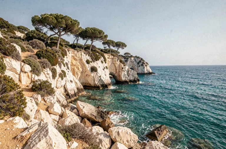 Vue panoramique de la plage sauvage des trois pointes à Bonifacio avec ses eaux turquoise et ses falaises calcaires blanches en Corse