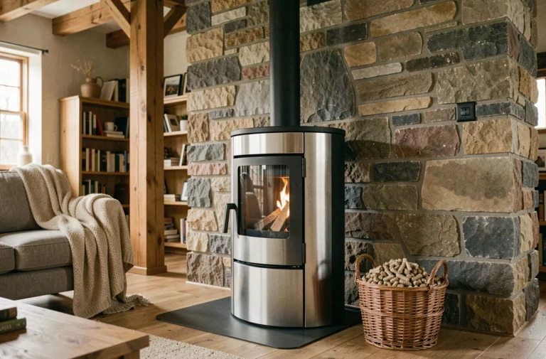 Poêle à pellets moderne en acier brossé installé dans un salon chaleureux avec panier de granulés en osier et décoration en bois naturel