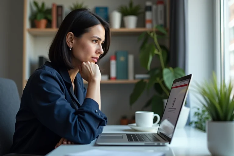 Femme concentrée devant un message d'erreur mail IONOS sur son ordinateur portable dans un bureau à domicile