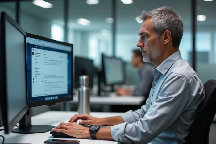 Homme en entreprise consultant une alerte sur l'interface webmail IONOS depuis son poste de travail à double écran
