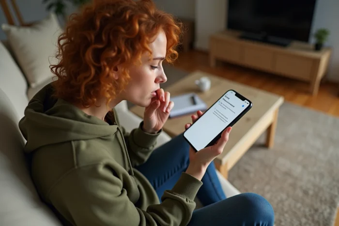 Personne frustrée consultant les paramètres de messagerie IONOS en erreur sur son smartphone depuis son canapé