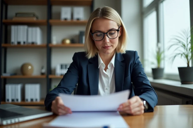 Professionnelle de l'immobilier examinant un modèle de pré-état daté dans un bureau organisé