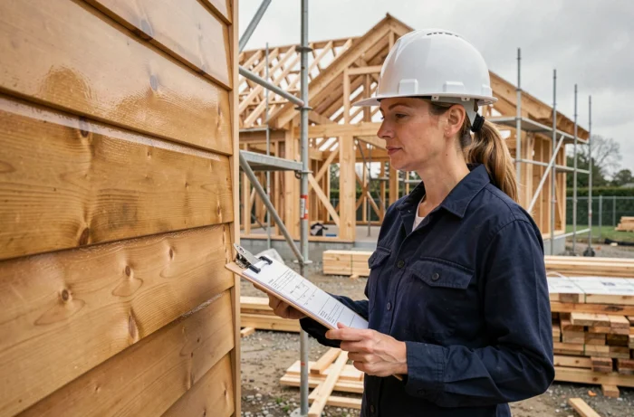 Professionnelle du bâtiment inspectant un panneau de façade en bois traité à la lasure polyuréthane Parkside sur chantier
