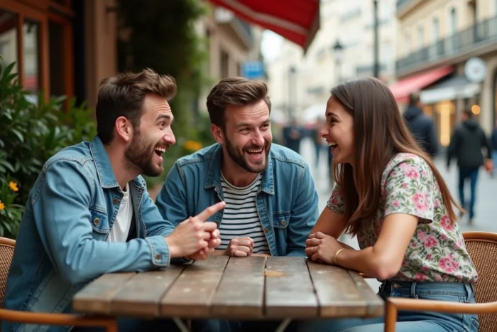 Groupe d'amis animés autour d'une table de café en terrasse parisienne, partageant des anecdotes insolites