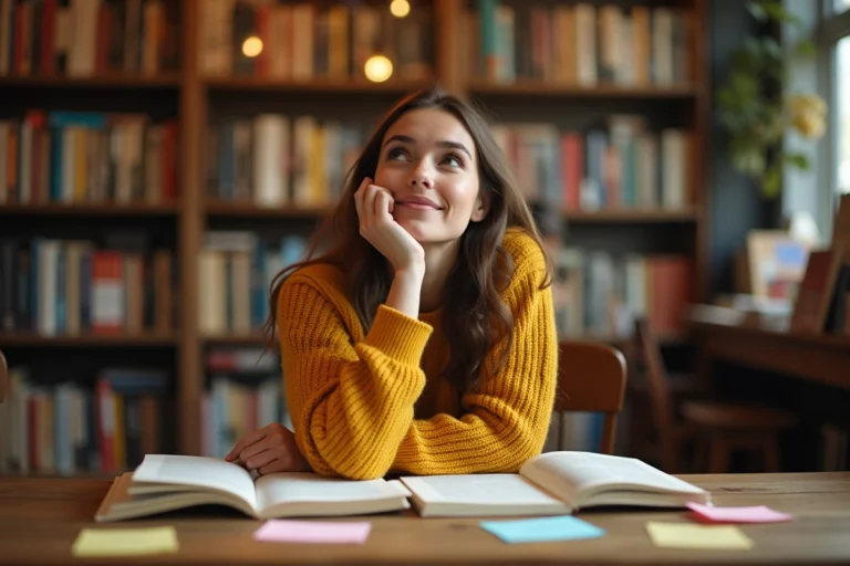 Jeune femme curieuse dans une librairie, pensive et souriante entourée de livres ouverts