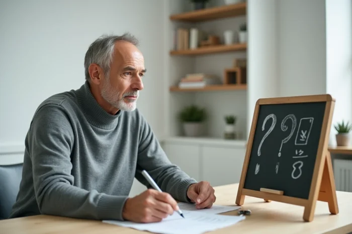 Homme pensif face à un tableau plein de points d'interrogation dans un bureau minimaliste scandinave