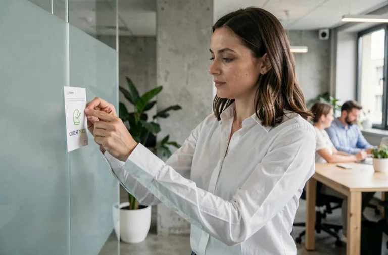 Une femme en bureau moderne colle une nouvelle étiquette de marque sur une cloison vitrée lors d'un rebranding d'entreprise