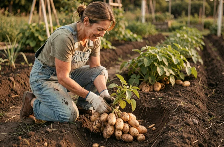 Femme âgée récoltant des pommes de terre matures dans un potager en tirant une plante aux racines chargées de tubercules
