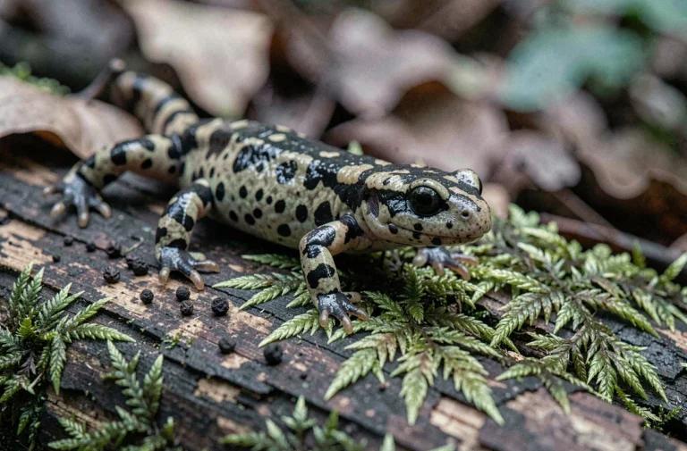 Salamandre tachetée sur un tronc moussu avec des excréments visibles, photographie naturaliste en forêt