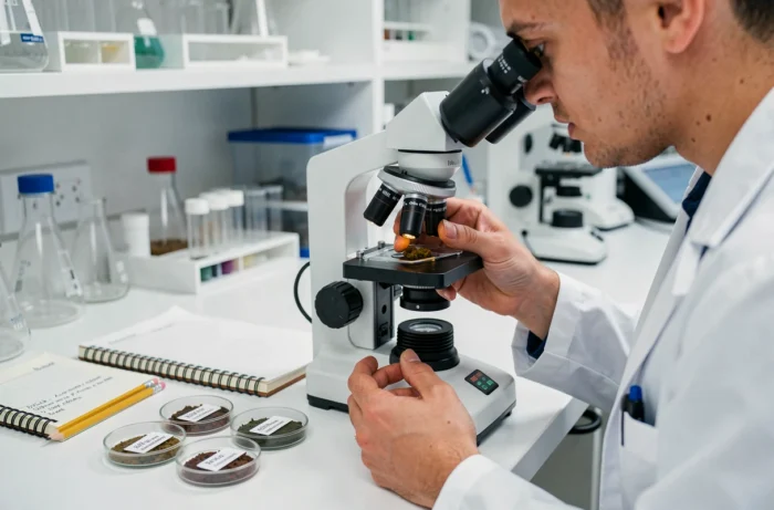 Scientifique analysant des excréments de salamandre au microscope dans un laboratoire de recherche