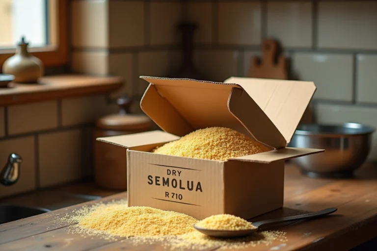Boîte de semoule ouverte sur un plan de travail en bois avec la date de péremption visible et des grains dorés renversés