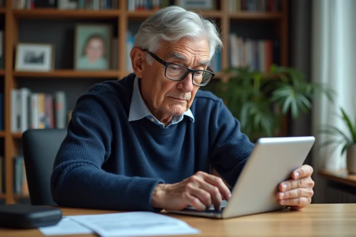 Senior utilisant une tablette numérique pour accéder à des ressources d'accompagnement en ligne