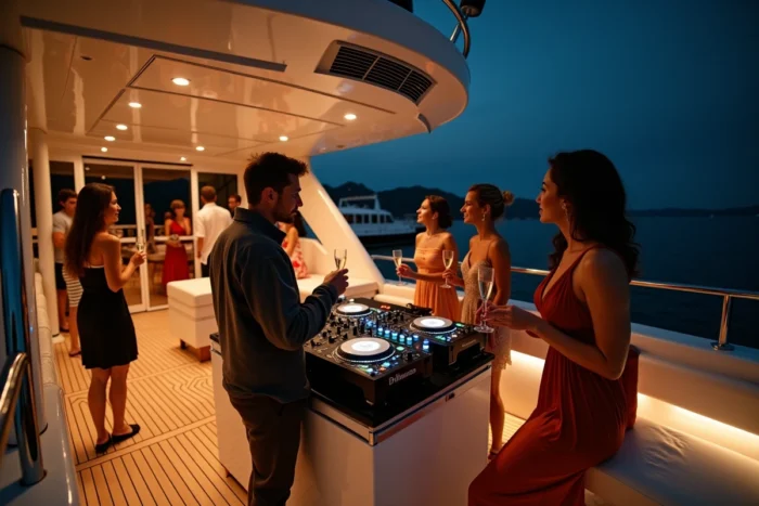 Soirée privée exclusive sur un yacht de luxe avec une installation DJ professionnelle et des invités élégants