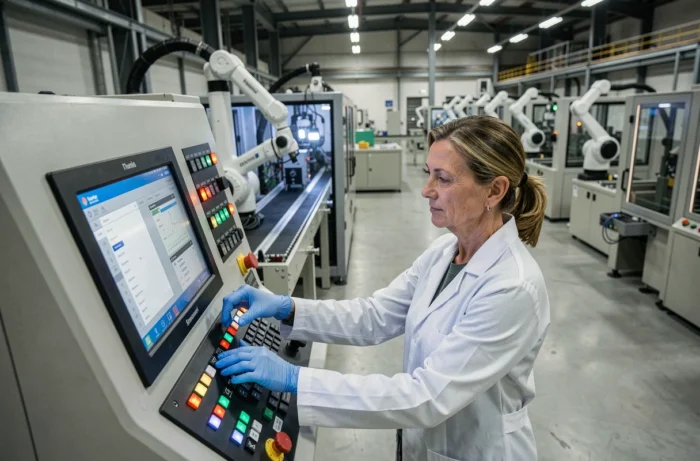 Technicienne opérant un panneau de contrôle PLC dans une usine d'électronique industrielle automatisée