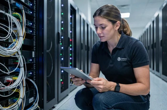 Technicienne informatique inspectant des câbles à fibre optique dans une salle de serveurs professionnelle