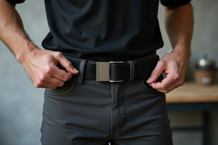 Mains démontrant une technique pour attacher une ceinture sans trou avec un clip métallique