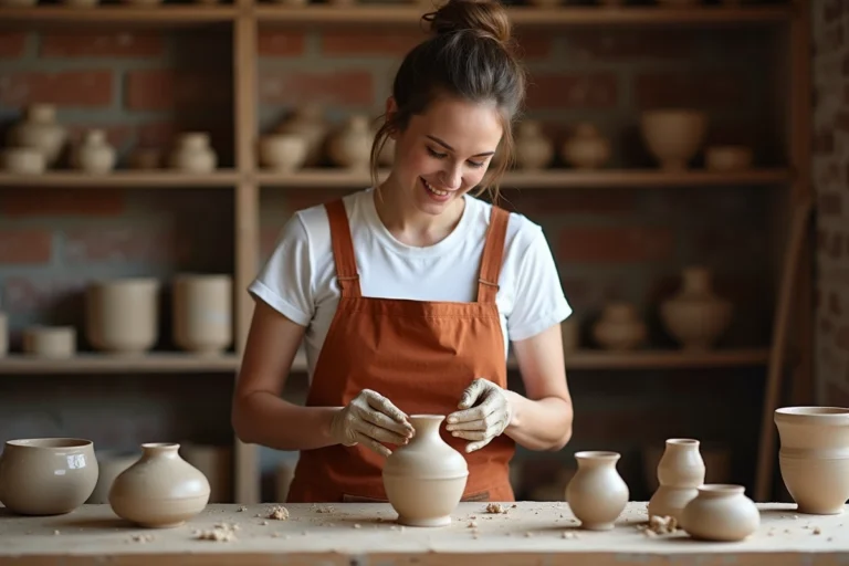 Femme pratiquant la poterie artisanale dans un atelier de céramique rustique, les mains couvertes d'argile fraîche