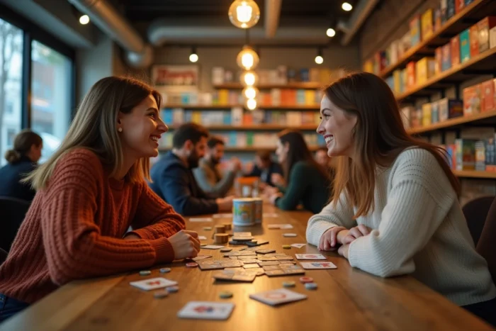 Deux amies jouant à un jeu de société dans un café urbain moderne, riant autour d'une table en bois