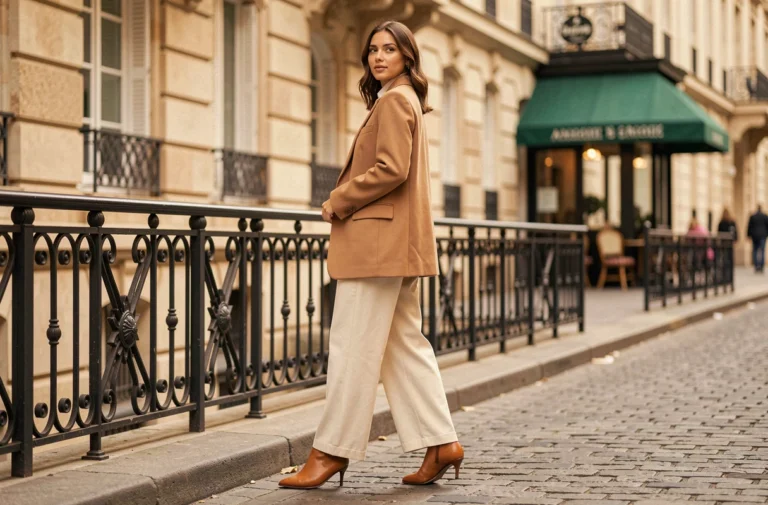 Femme élégante portant un blazer camel oversize et un pantalon large crème dans une rue pavée parisienne, style tendance mode automne
