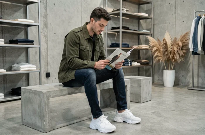 Homme jeune en veste utilitaire olive et jean indigo assis dans un concept store moderne, parcourant un magazine de mode tendance