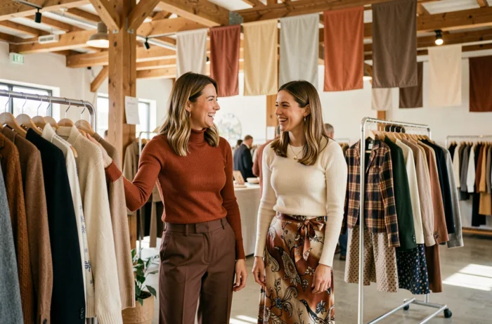 Deux femmes tendance inspectant des vêtements lors d'un pop-up marché de mode saisonnier, ambiance conviviale et looks contemporains