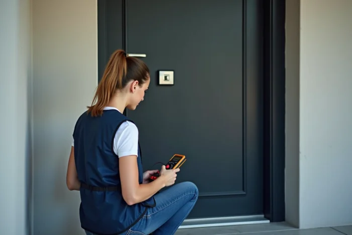 Femme vérifiant le câblage d'une gâche électrique encastrée avec un multimètre dans une entrée de maison
