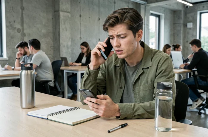 Personne en coworking vérifiant ses versements Pôle emploi sur smartphone et application bancaire