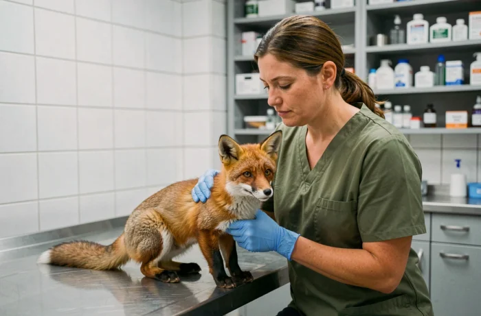 Vétérinaire examinant un renard roux dans un centre de sauvetage animalier
